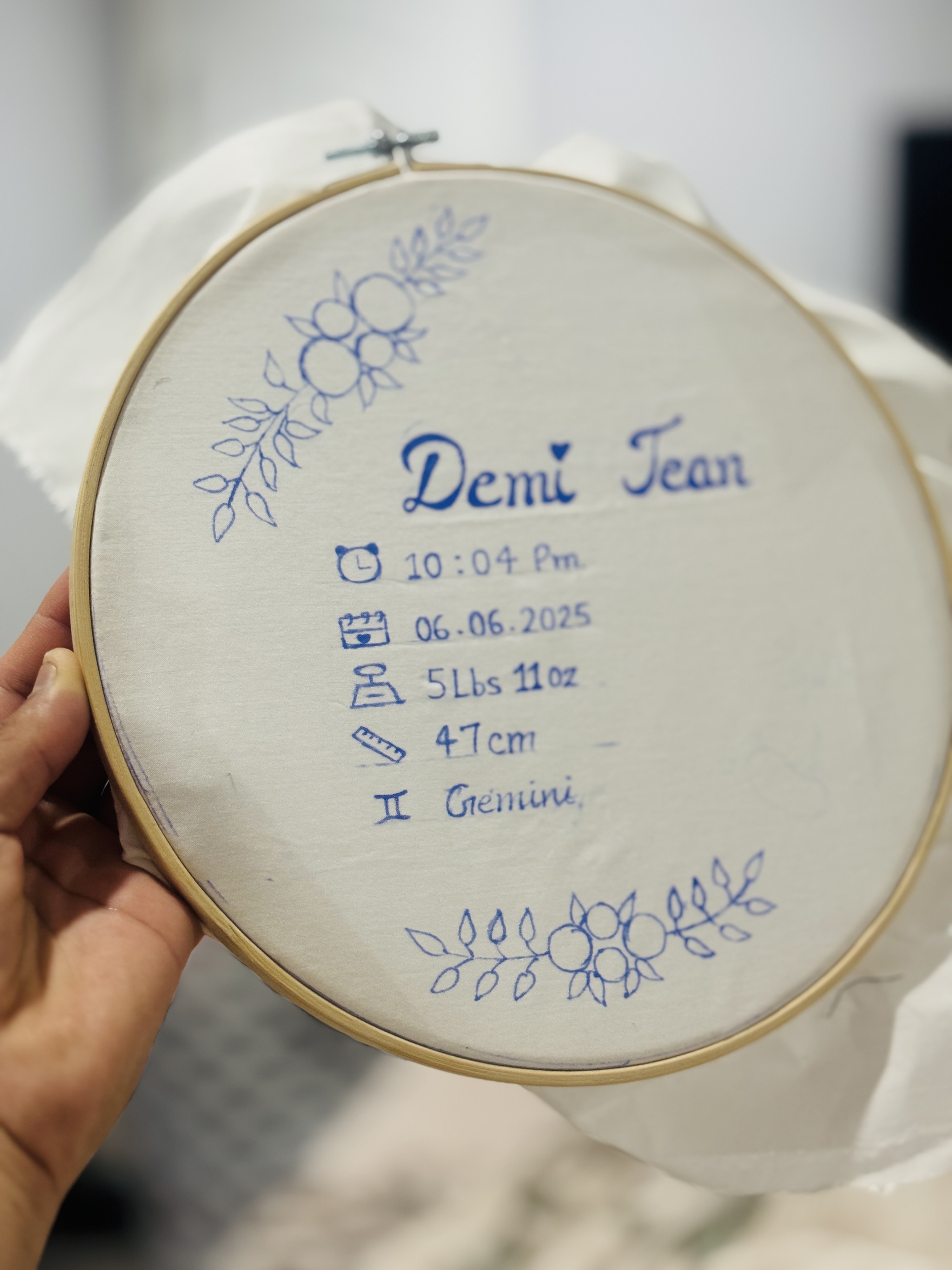 Blue floral birth-detail embroidery hoop